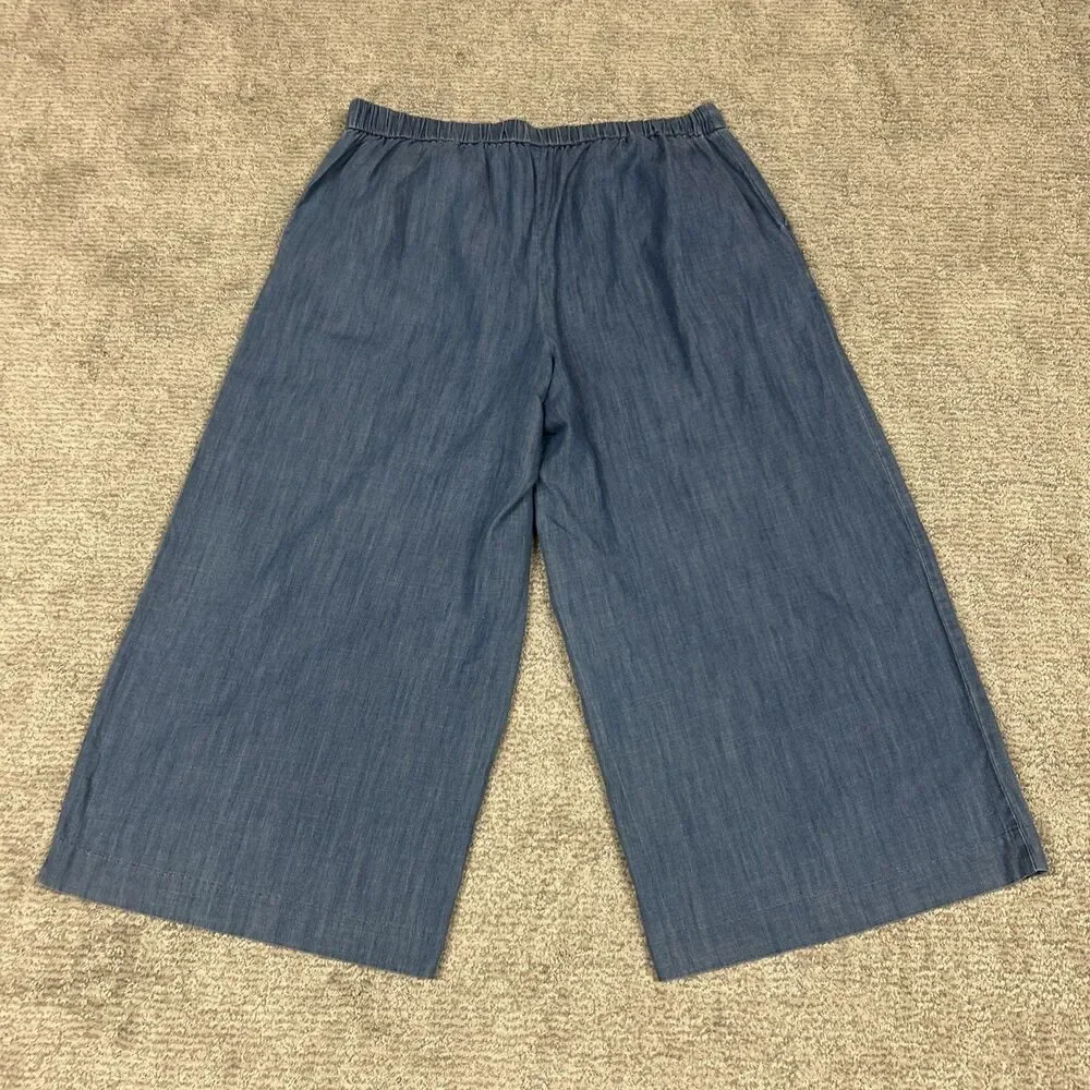 J Crew Wide Leg Pants Women 14 Washed Chambray Blue Crop Pockets Stretch Beach